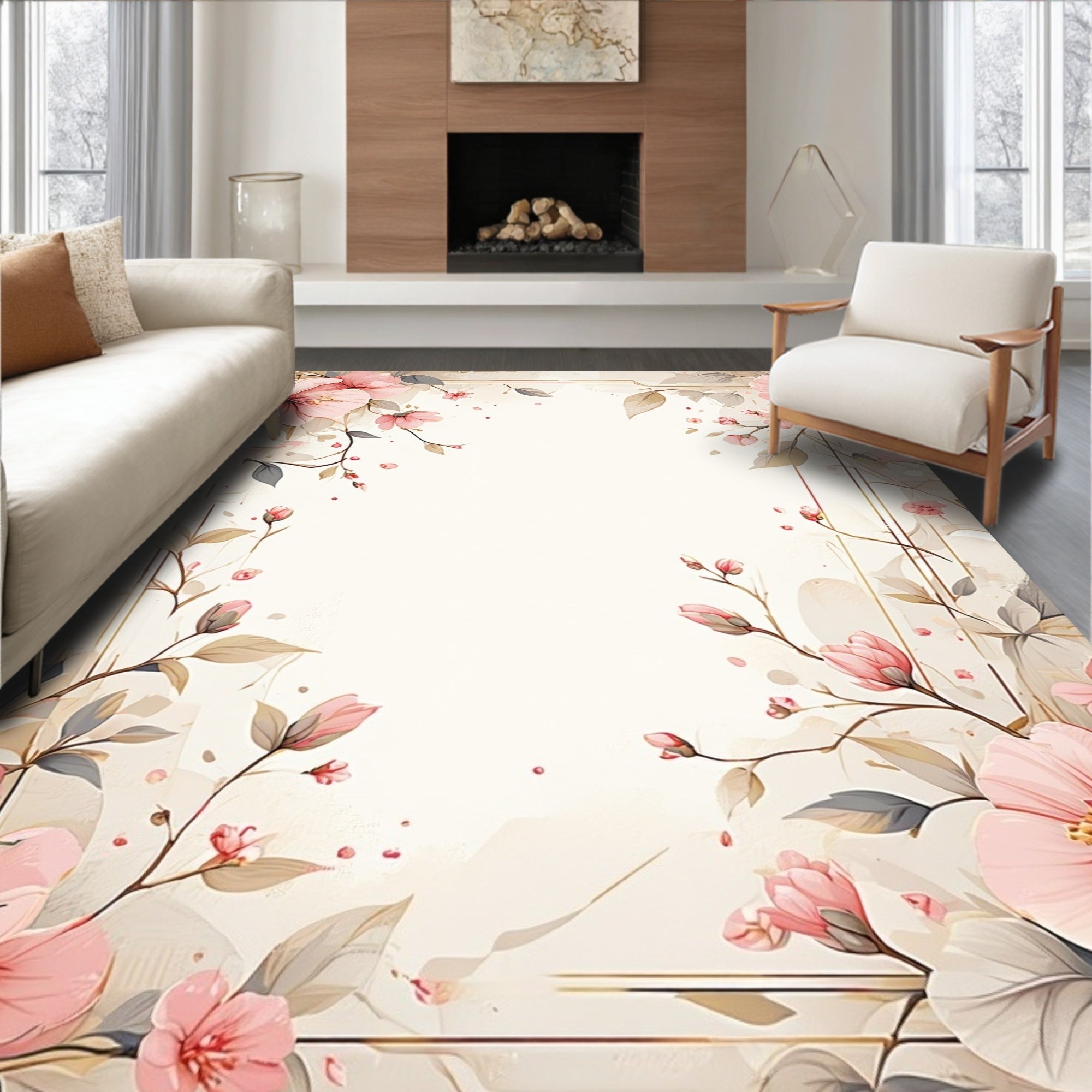 Elegant Pink Floral Sprig Design Rug