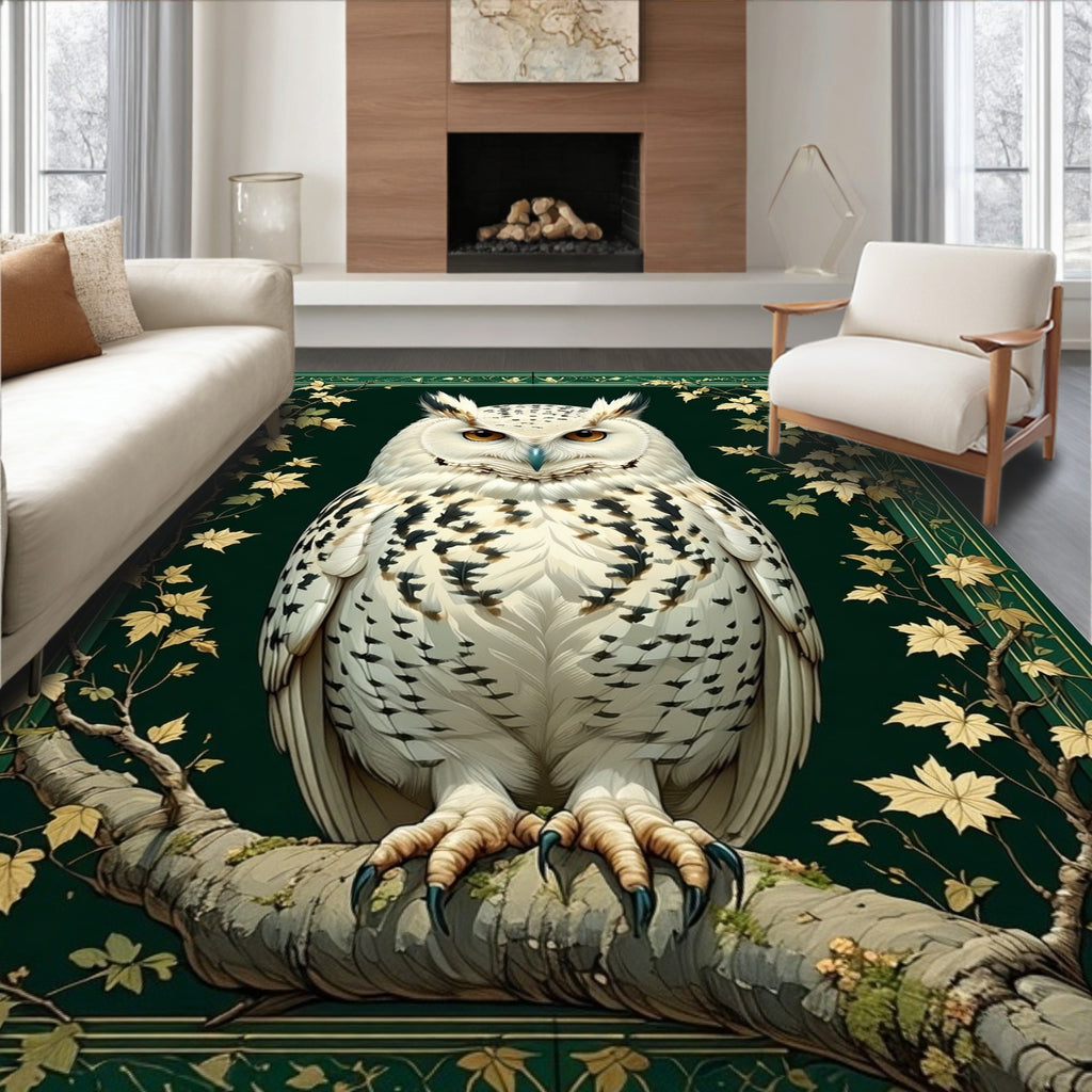 Majestic White Owl In Green Floral Border Rug