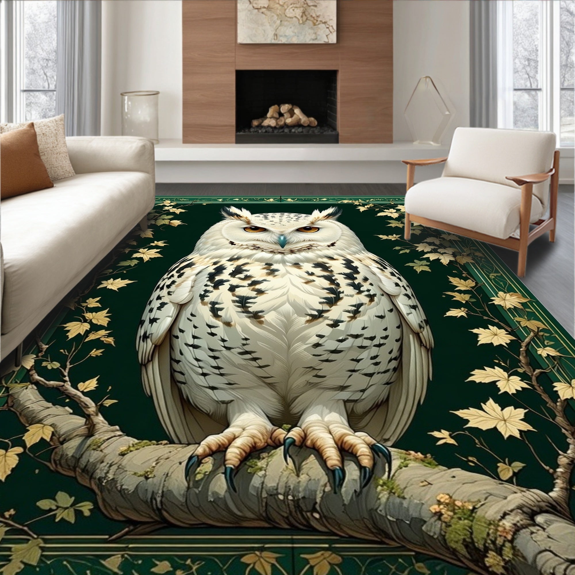 Majestic White Owl In Green Floral Border Rug