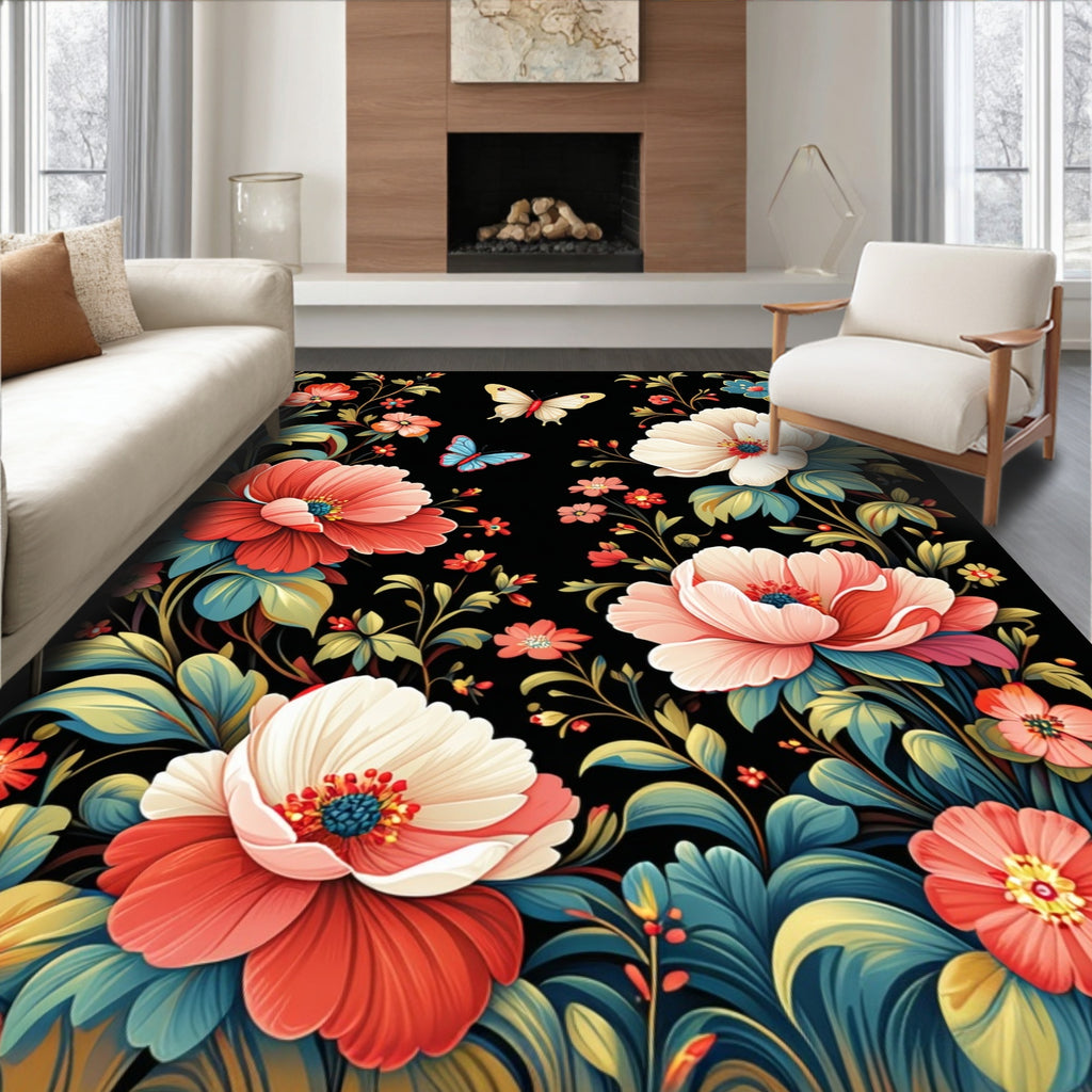 Vibrant Floral Butterfly Garden Pattern Rug