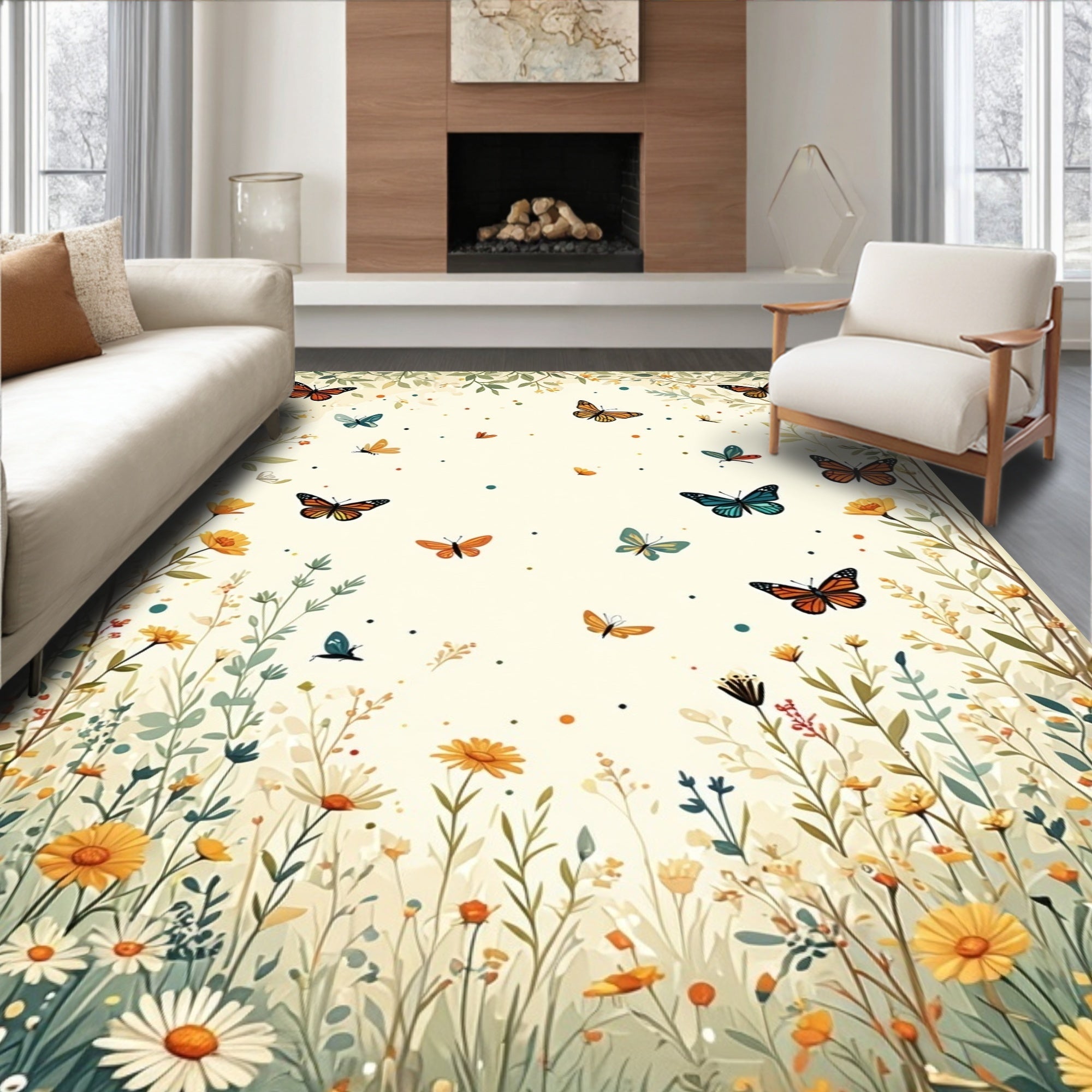 Whimsical Butterfly Floral Garden Design Rug