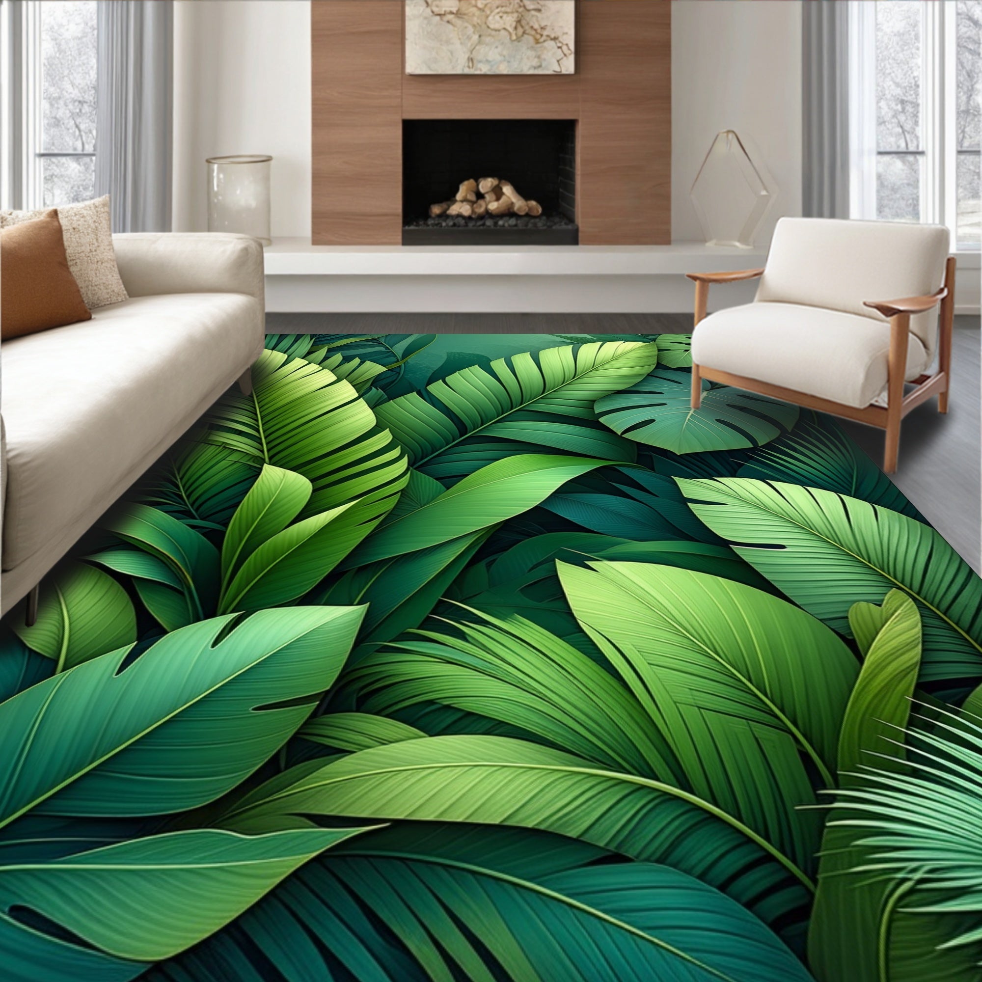 Lush Tropical Leaf Jungle Pattern Rug