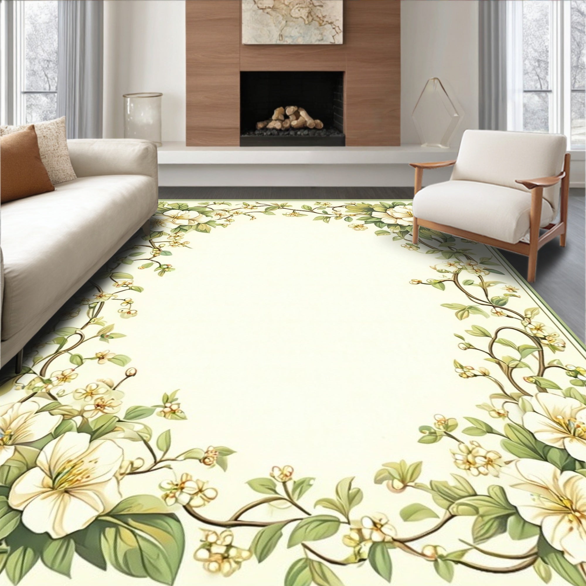 White Blossoms Vine Border Rug