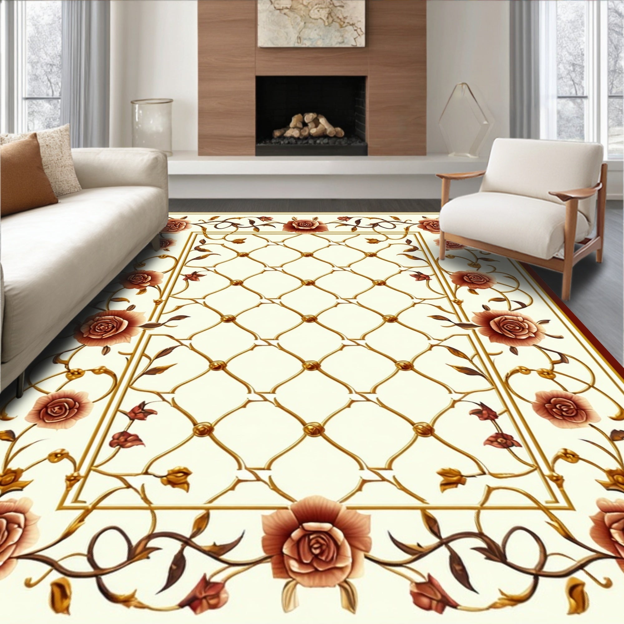 Floral Golden Lattice Rose Design Rug