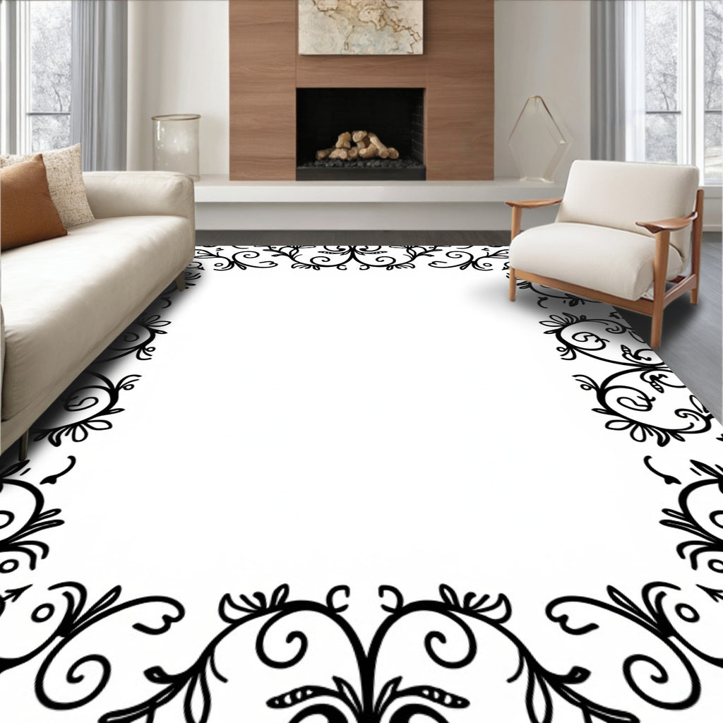 Black Floral Swirl Leaf Pattern Rug
