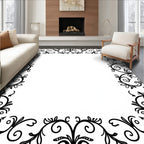 Black Floral Swirl Leaf Pattern Rug