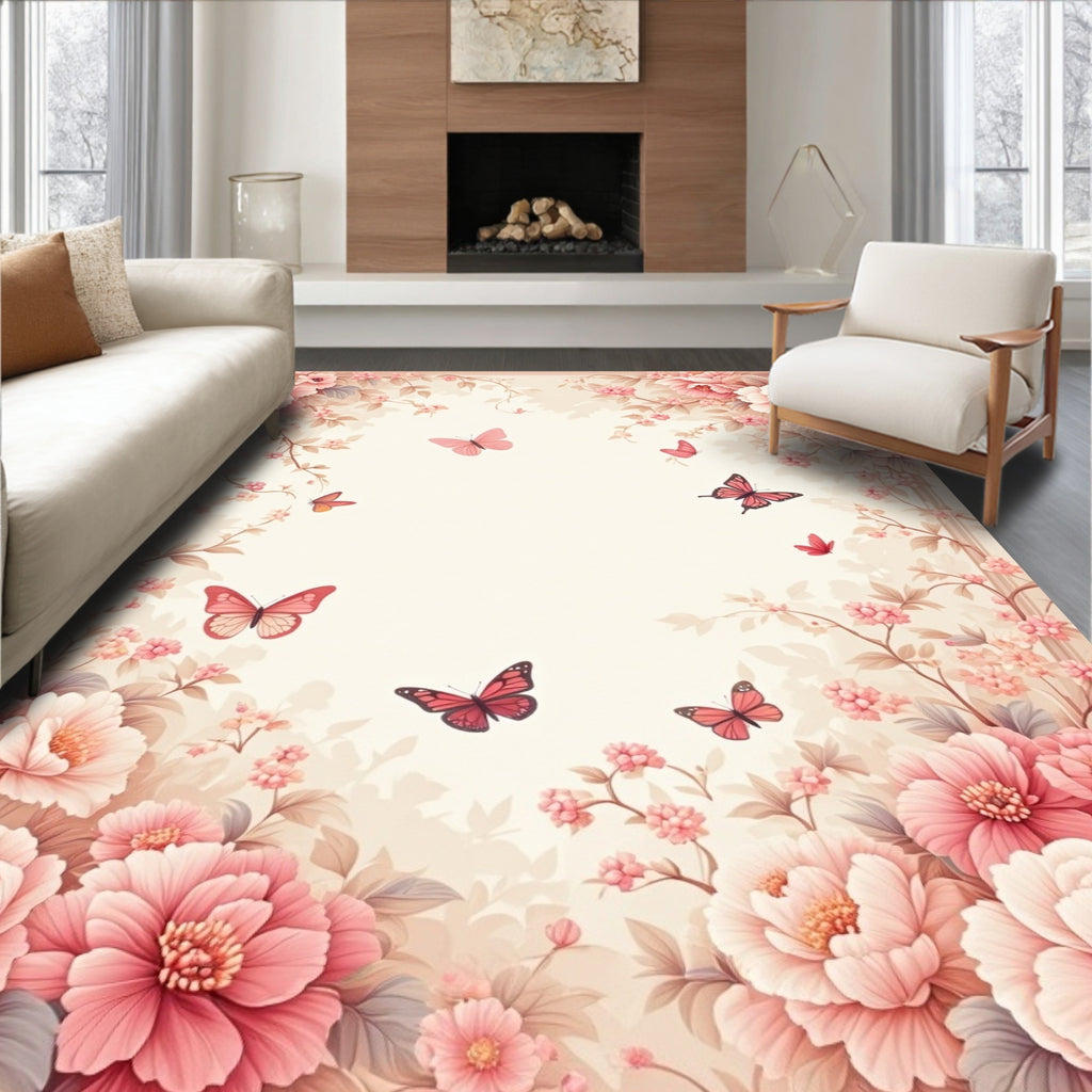 Pink Floral Butterflies Whimsical Garden Rug