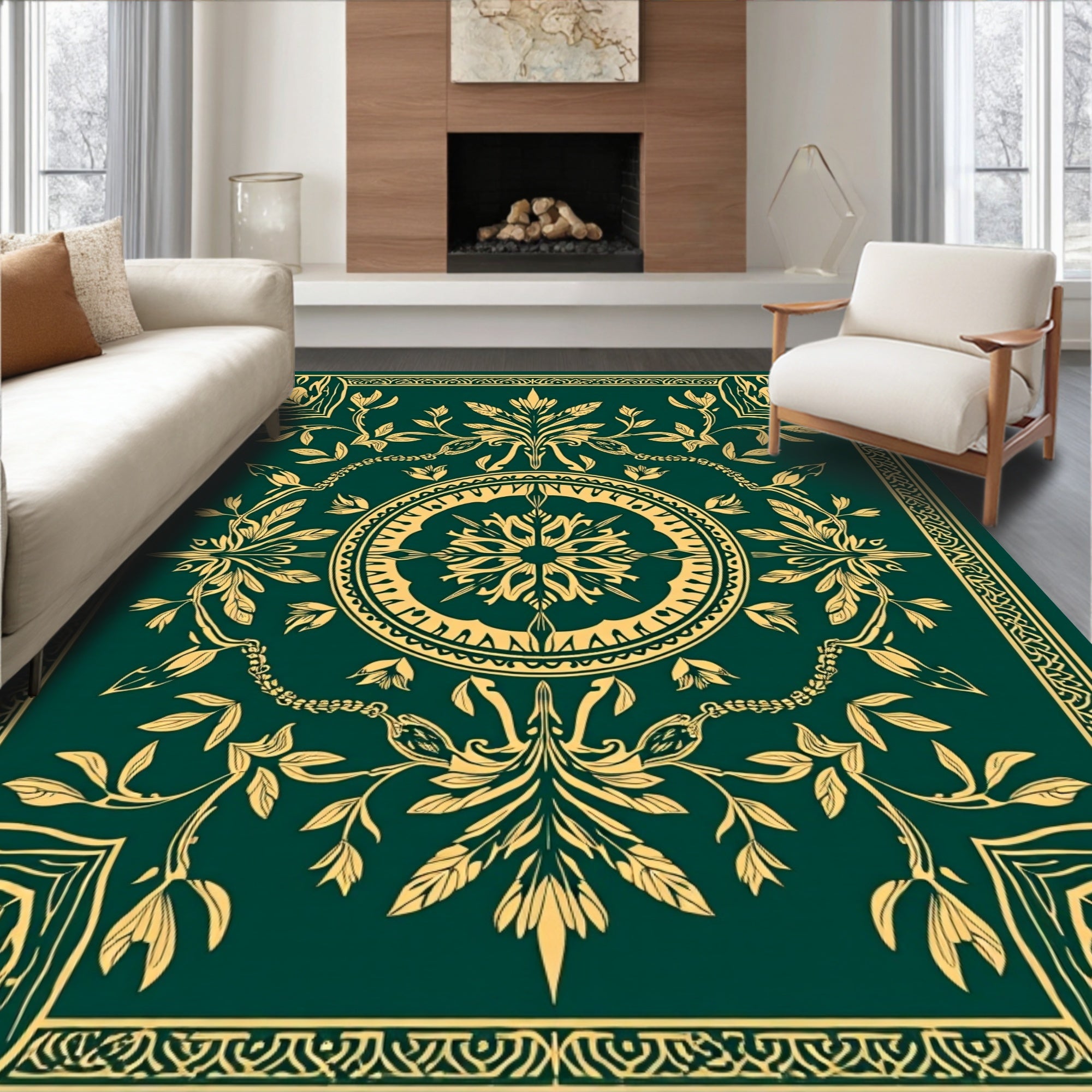 Emerald Green Golden Floral Mandala Design Rug