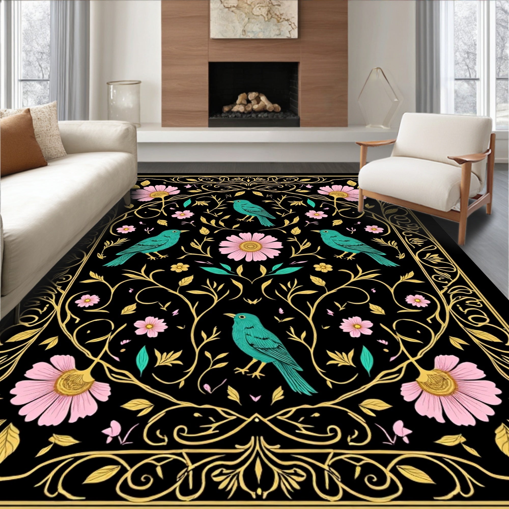 Birds Flowers Art Nouveau Rug