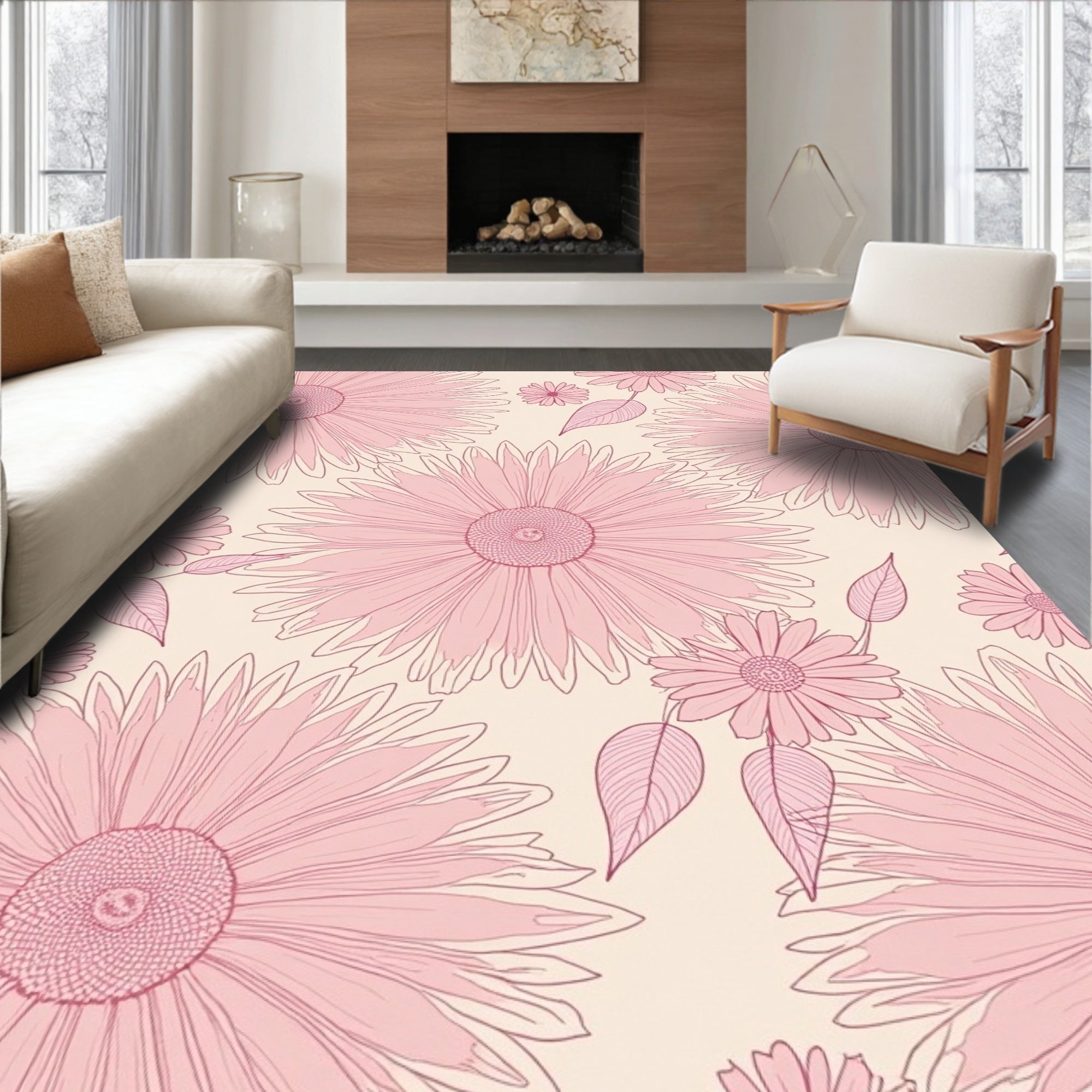 Pink Cream Daisy Outline Rug