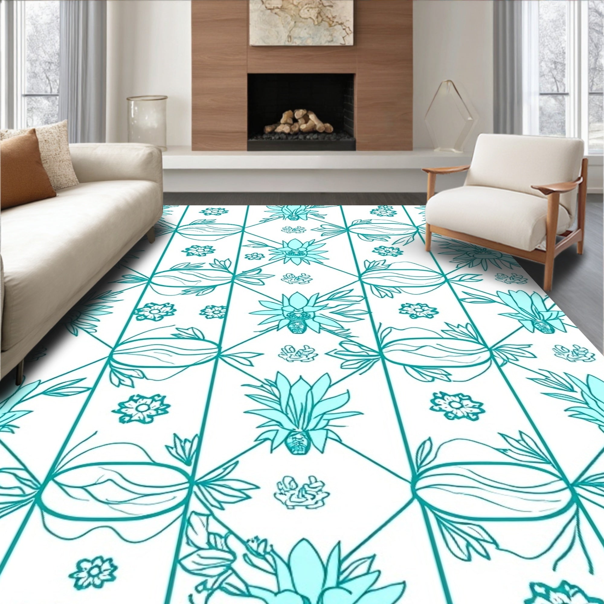 Teal Geometric Floral Arrangement Rug
