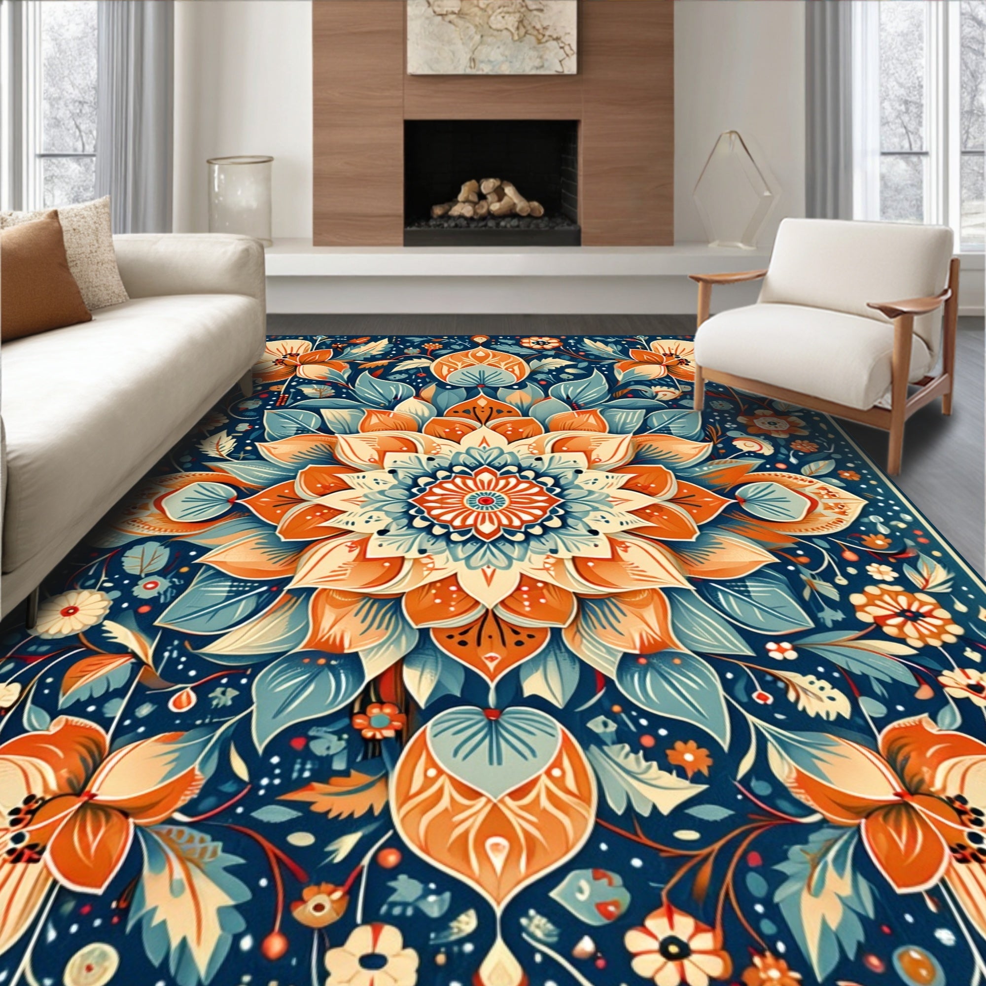 Intricate Floral Mandala Art Rug