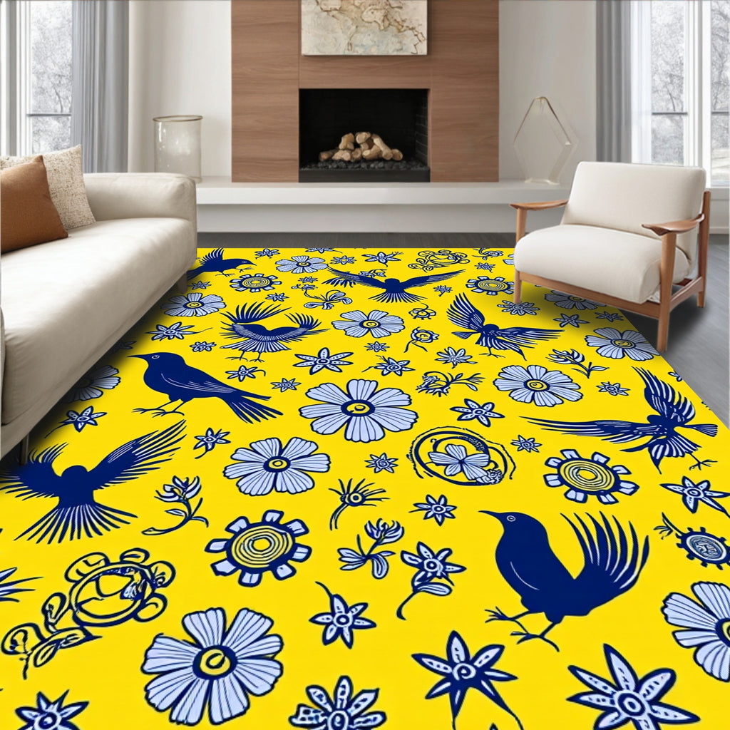 Blue Birds Light Blue Flowers Pattern Rug