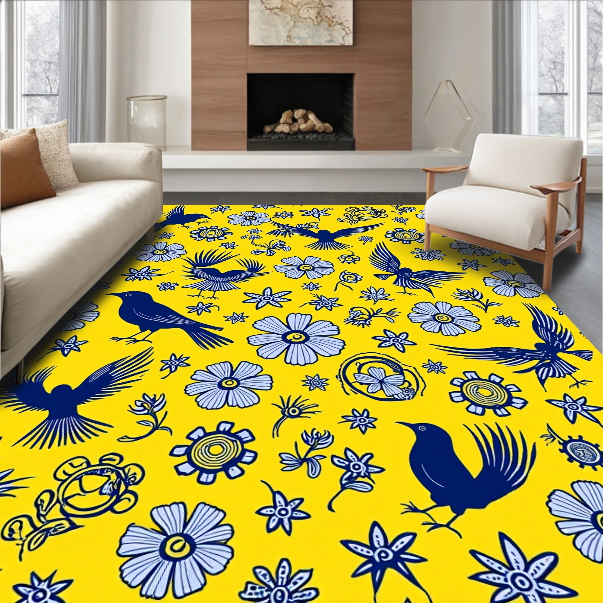 Blue Birds Light Blue Flowers Pattern Rug