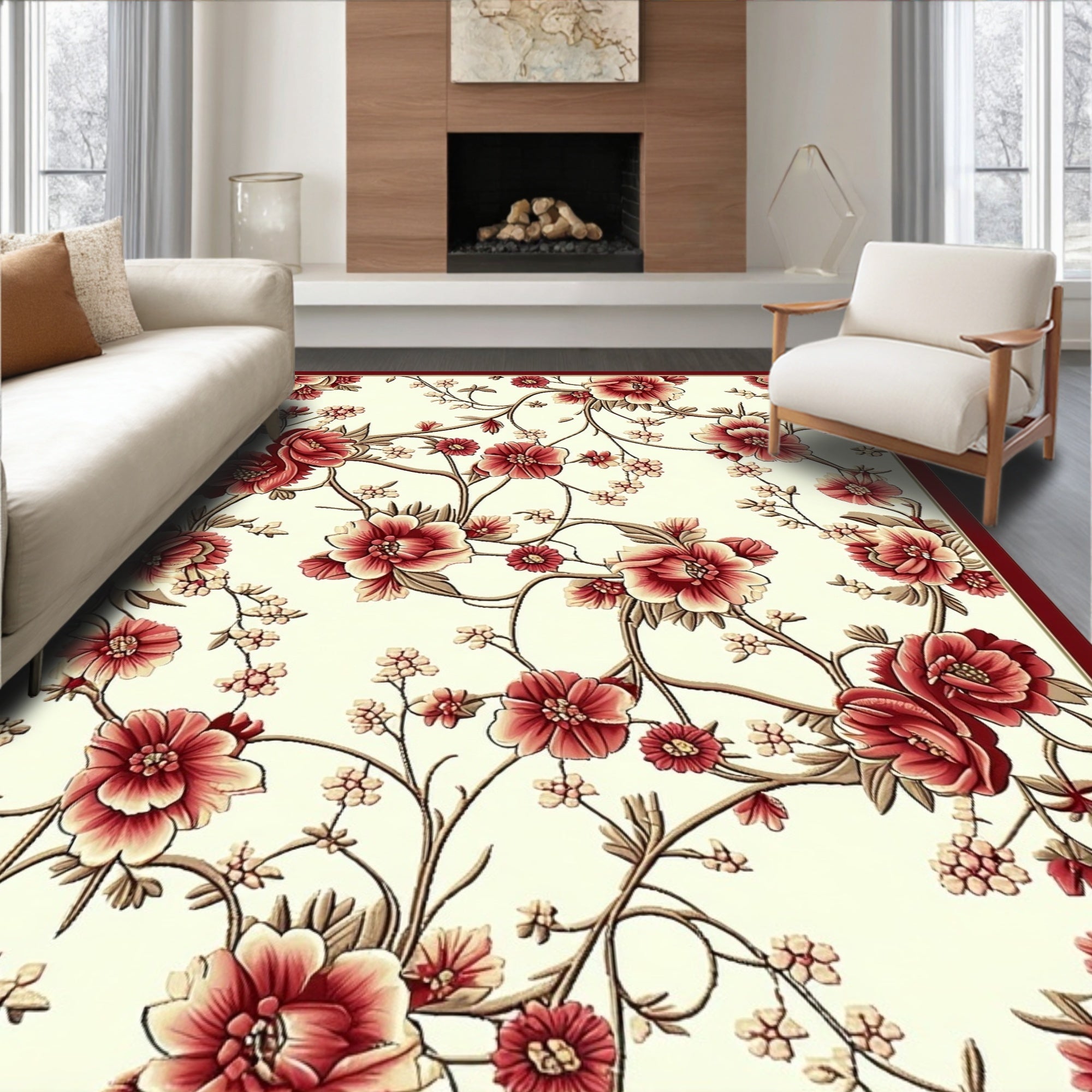 Crimson Floral Branch And Vine Design Rug