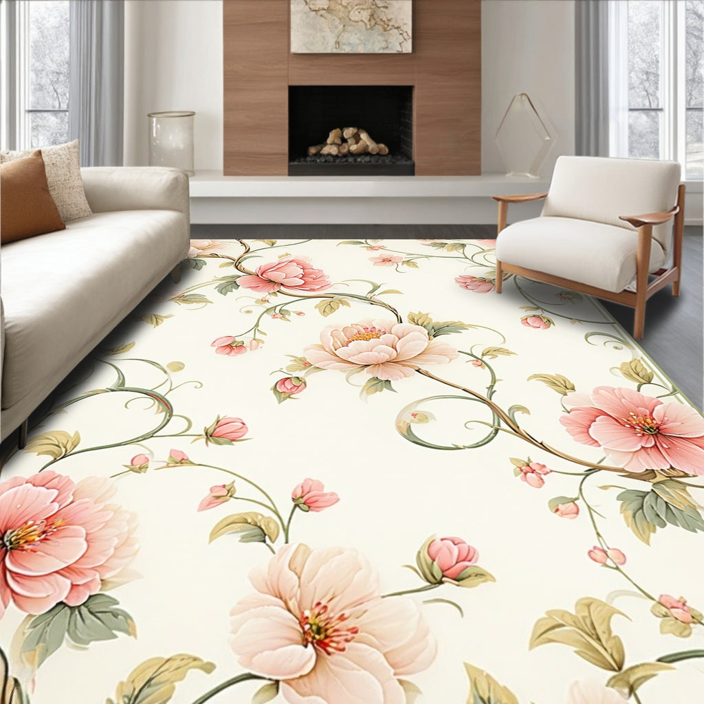 Soft Blush Floral Vine Pattern Rug