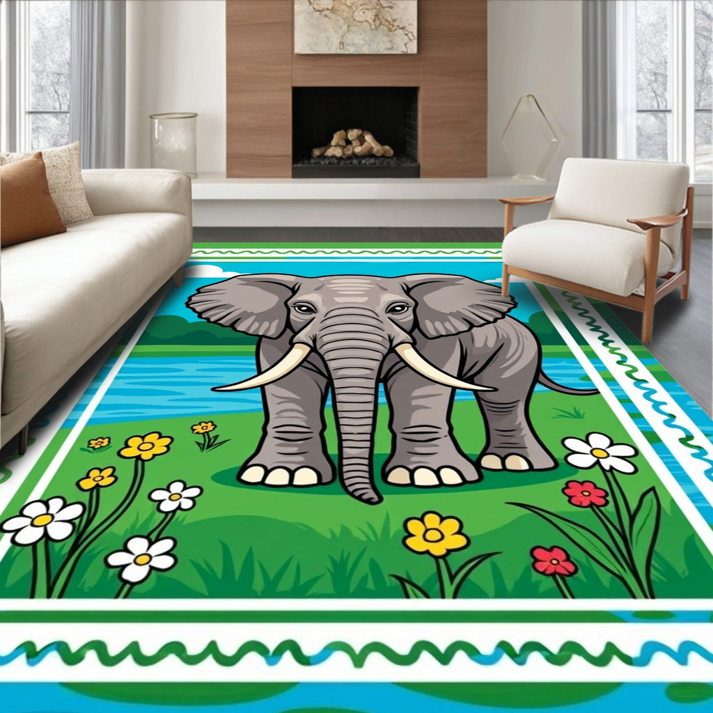 Whimsical Elephant Floral Nature Scene Rug