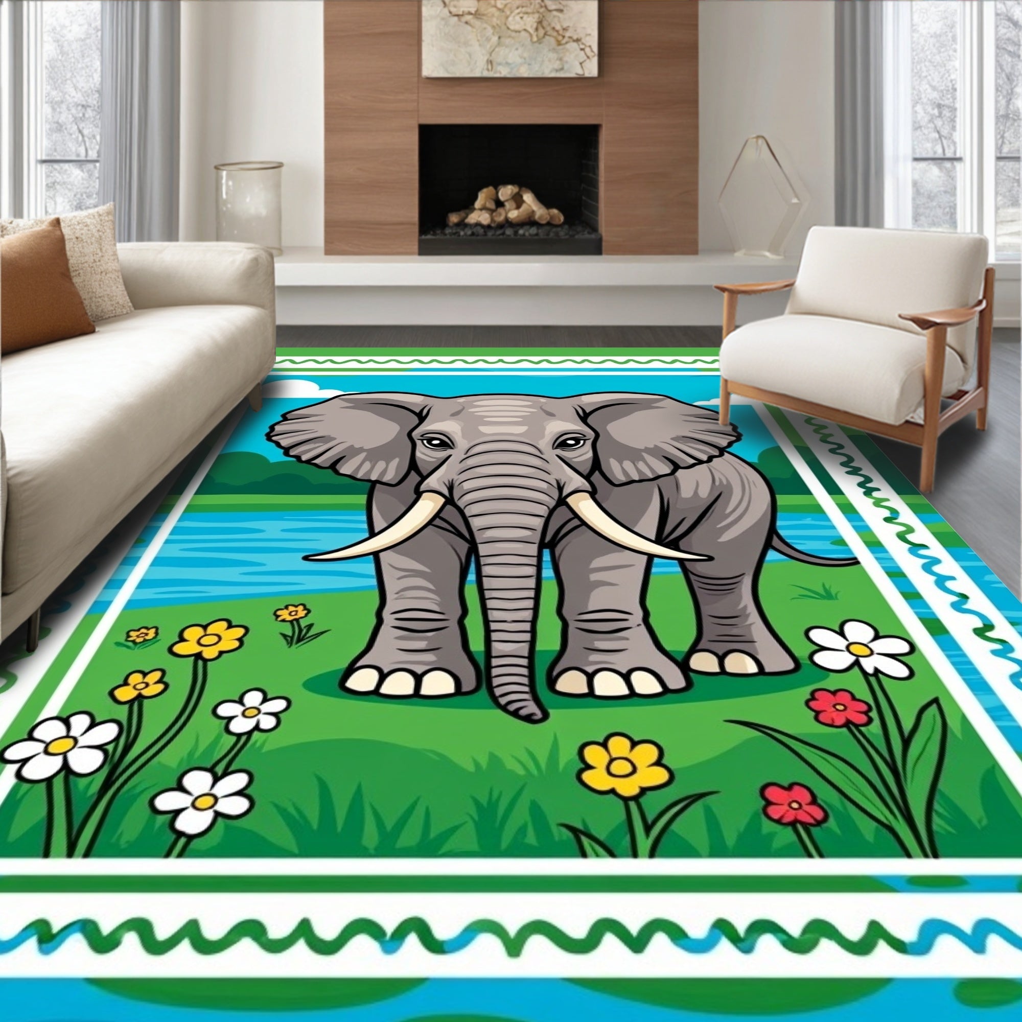 Whimsical Elephant Floral Nature Scene Rug