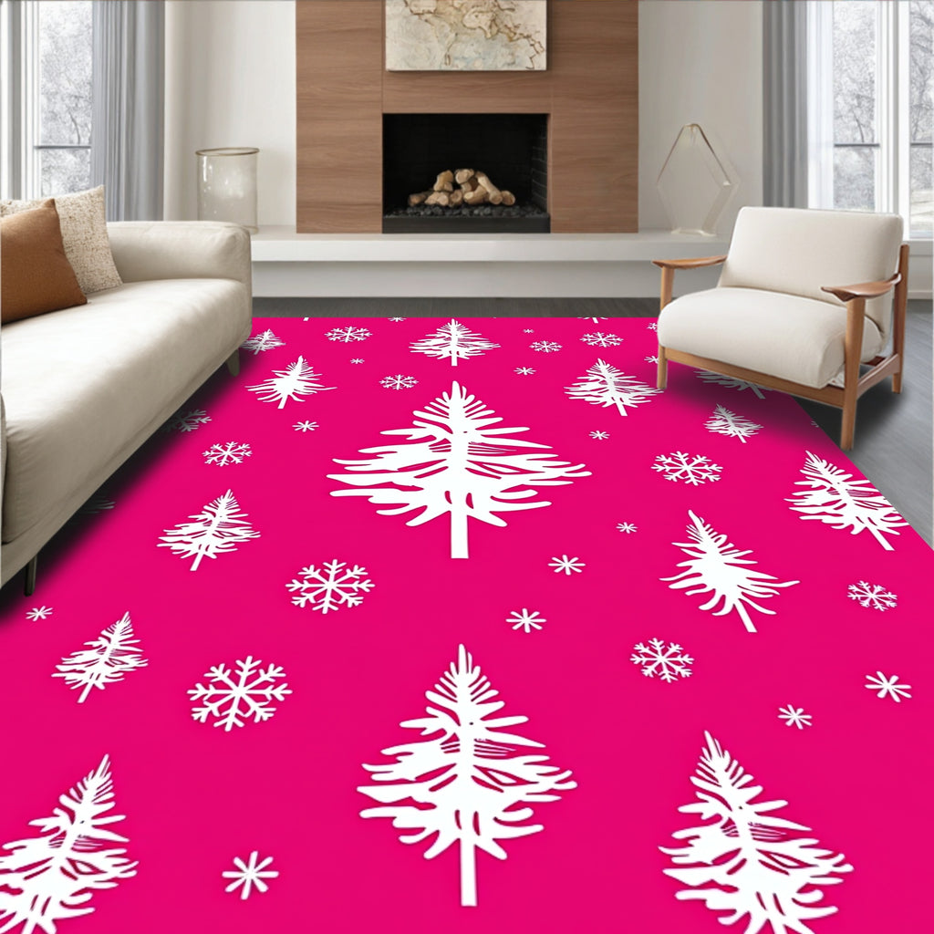 Pink Evergreen Snowflake Christmas Rug