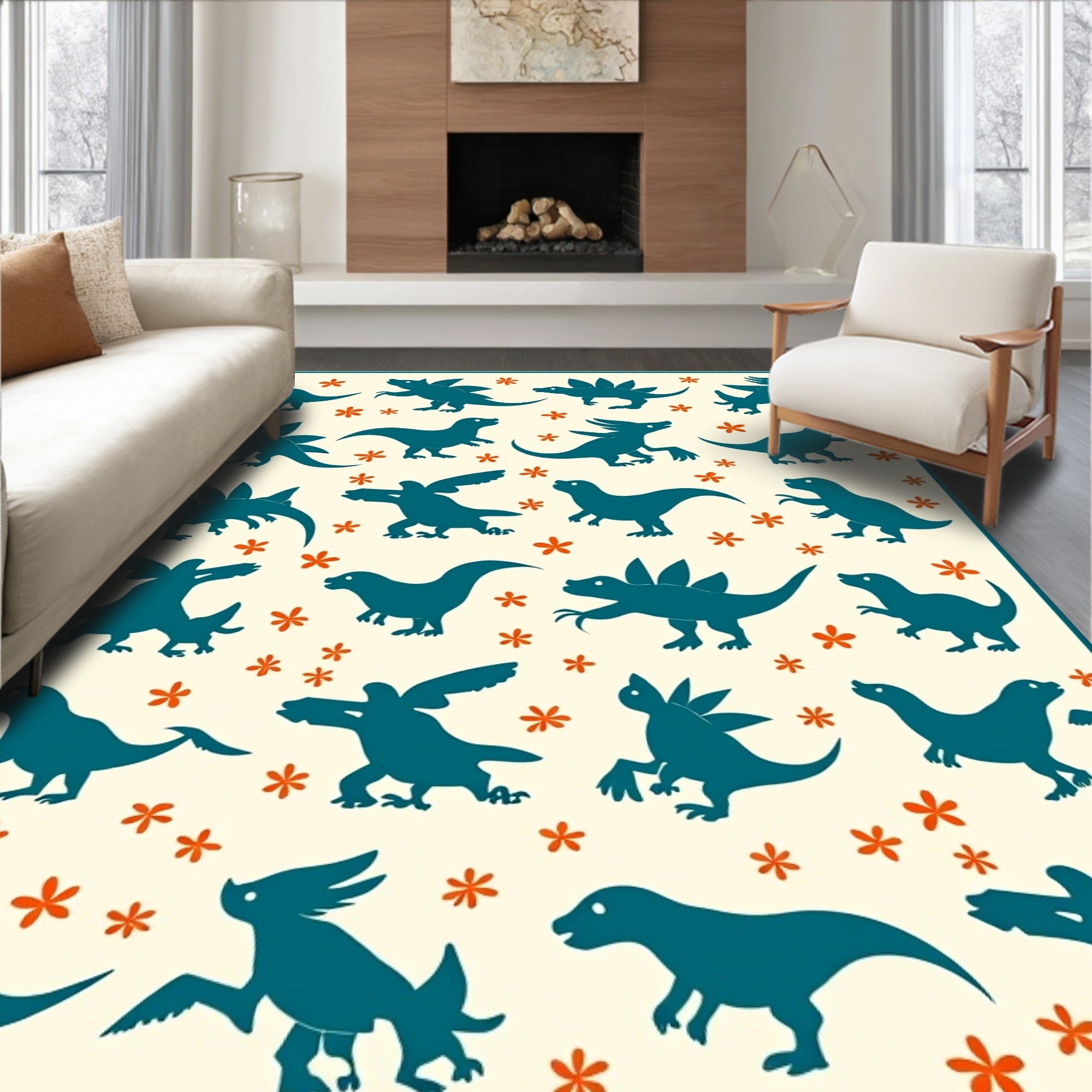 Whimsical Teal Dinosaur Pattern Rug