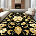 Elegant Gold Floral Black Pattern Rug