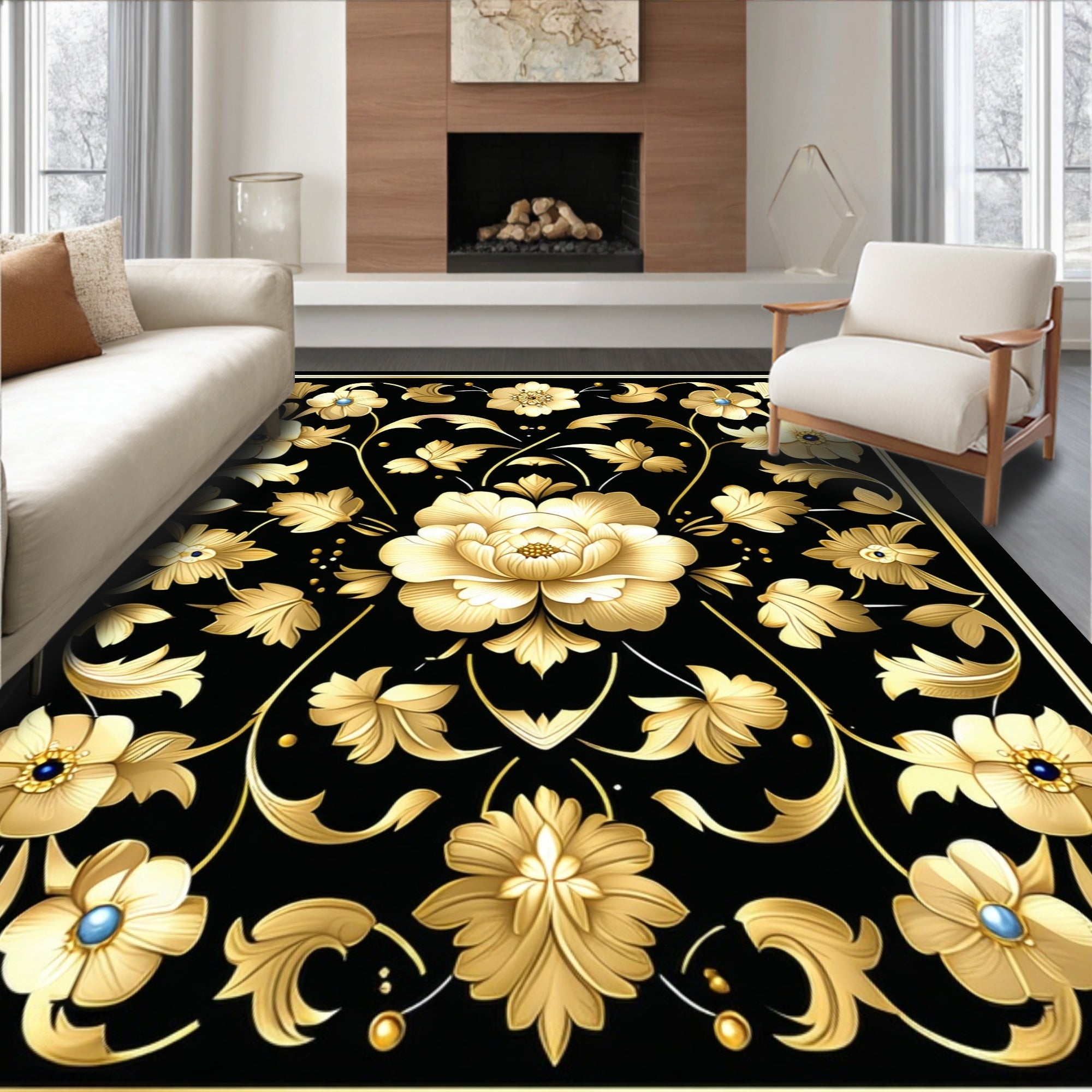 Elegant Gold Floral Black Pattern Rug