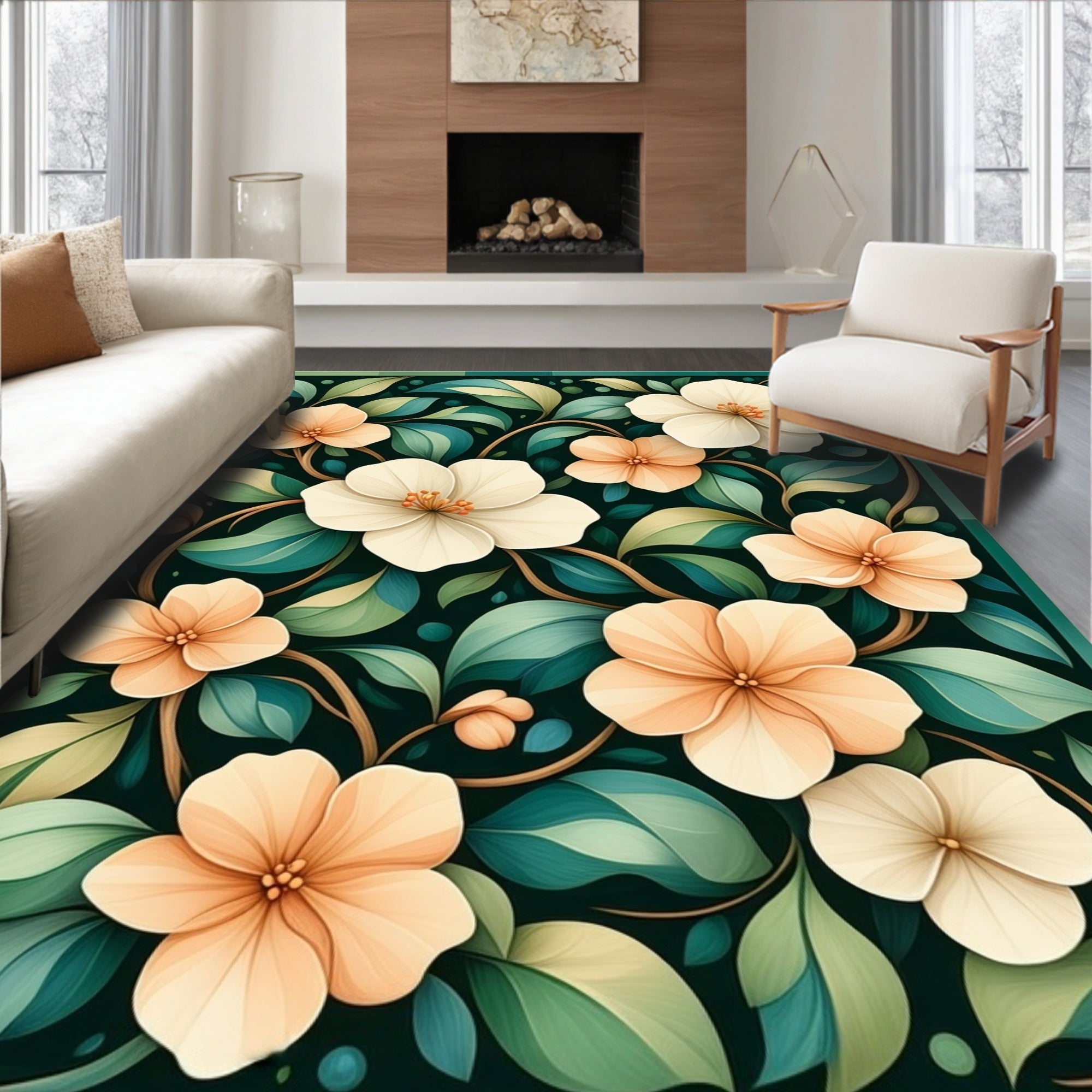 Elegant Floral Vine Cream Peach Rug