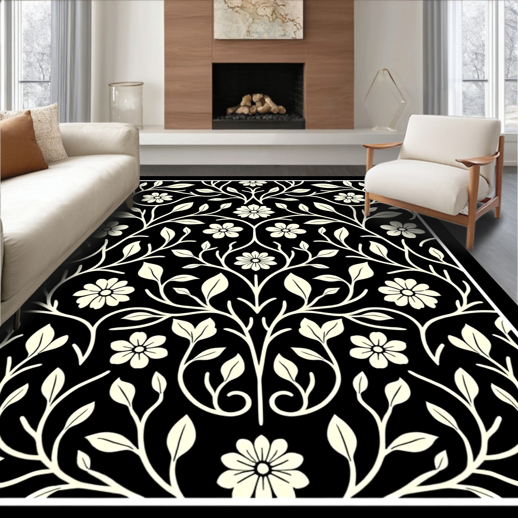 Cream Floral Branch Pattern Rug