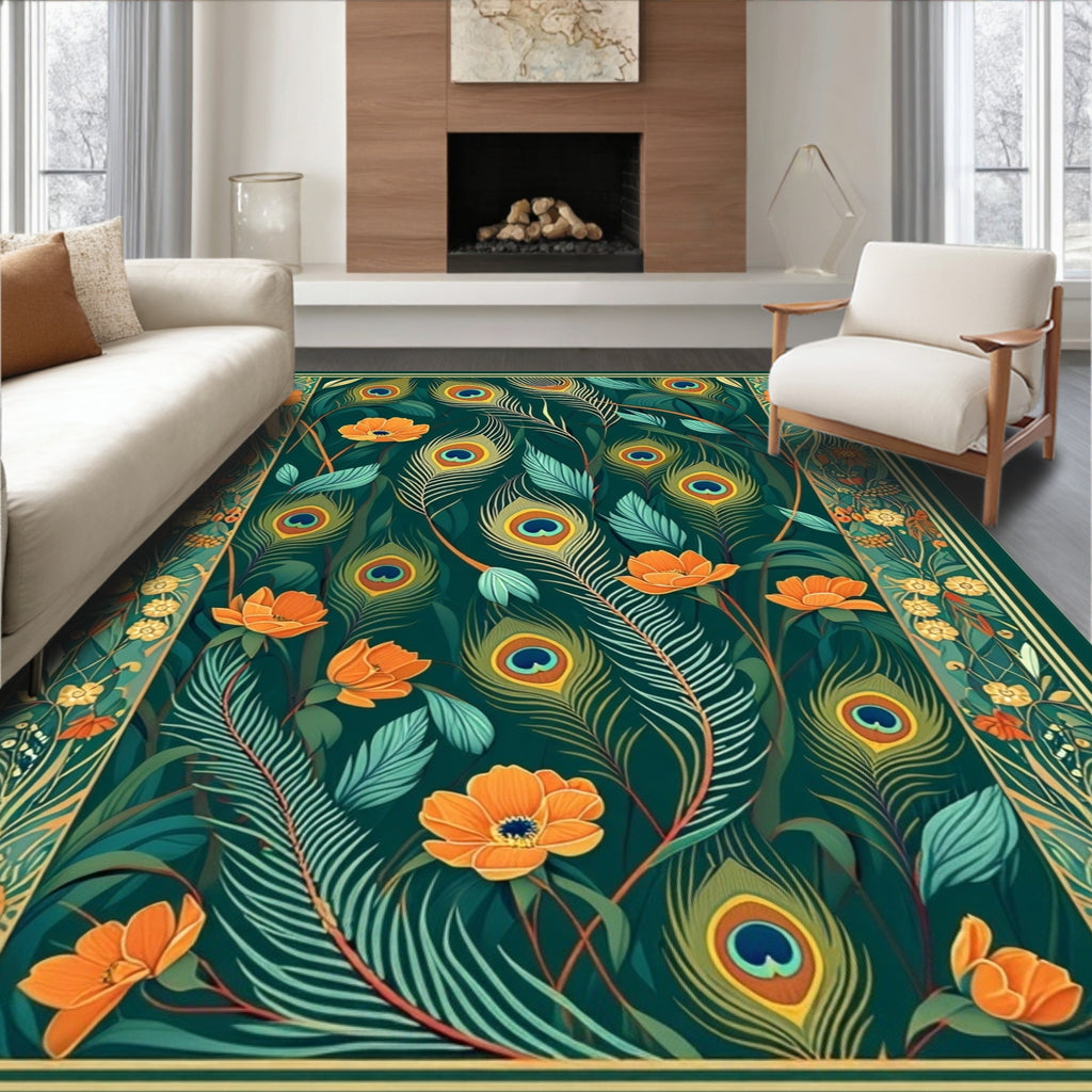 Emerald Green Peacock Feather Floral Rug