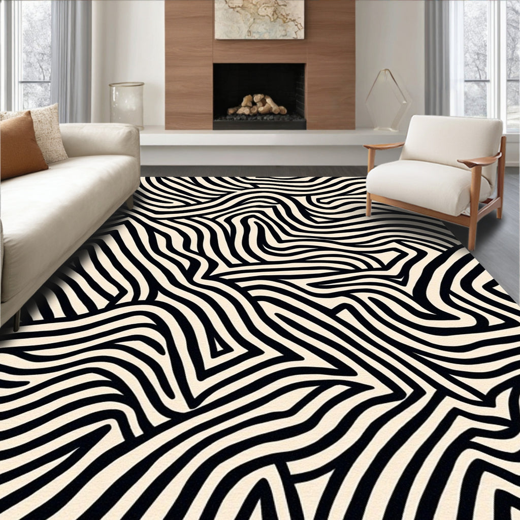 Black and White Curving Lines Rug