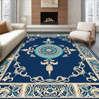 Floral Medallion Bordered Deep Blue Design Rug