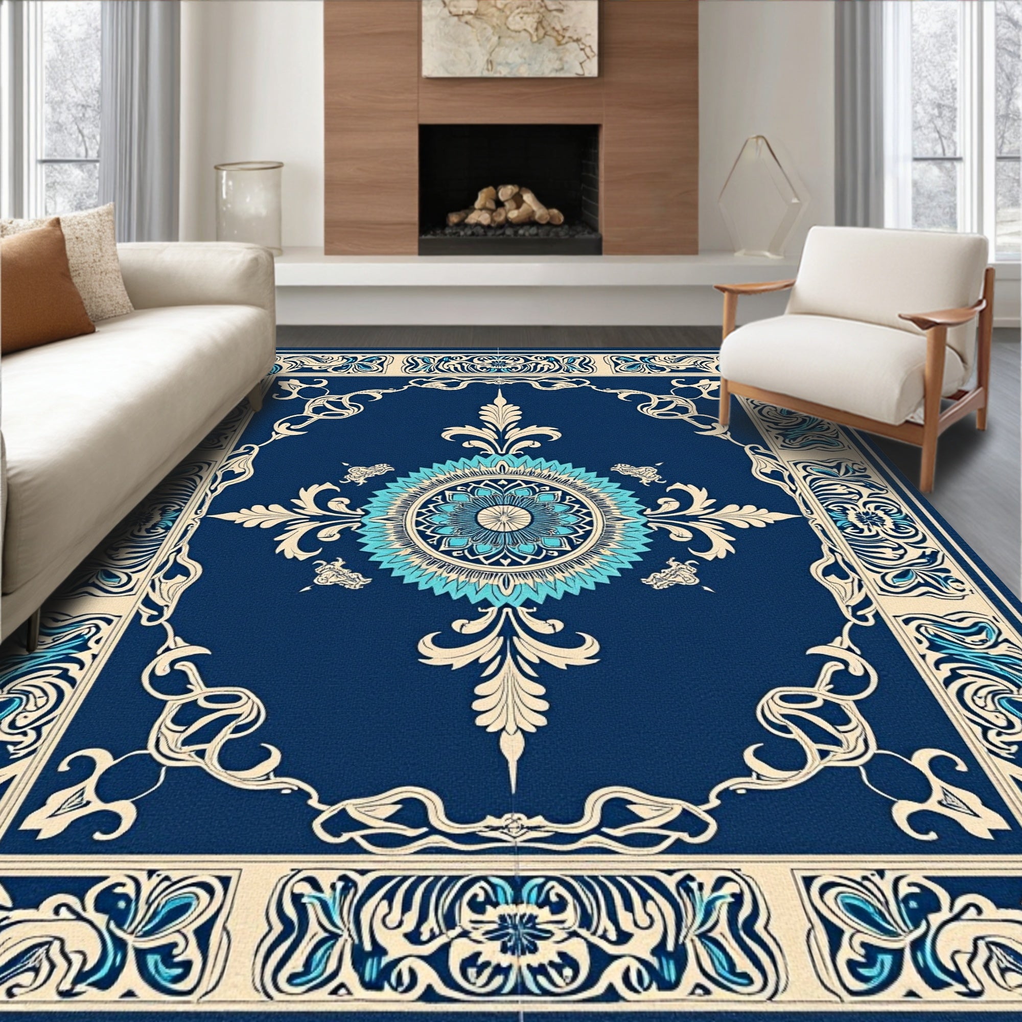 Floral Medallion Bordered Deep Blue Design Rug