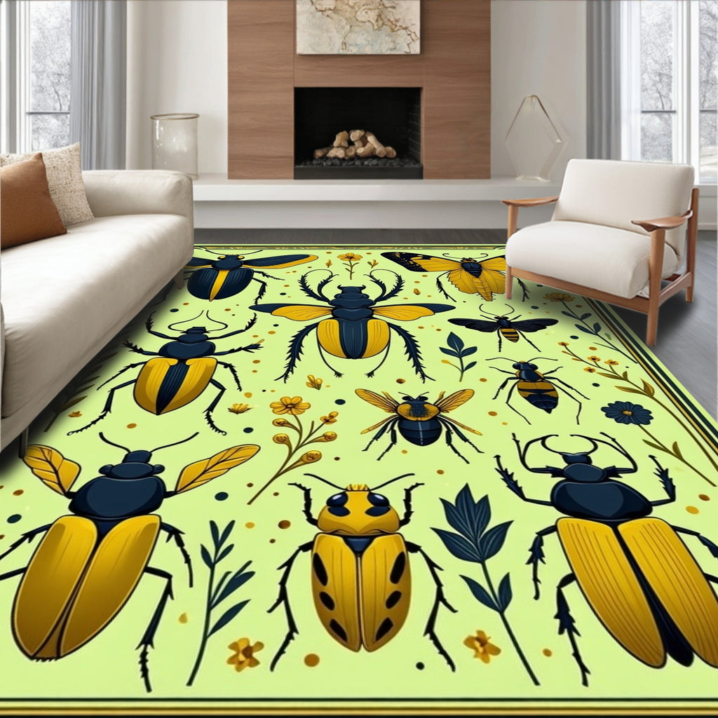 Bold Black Yellow Insect Garden Pattern Rug