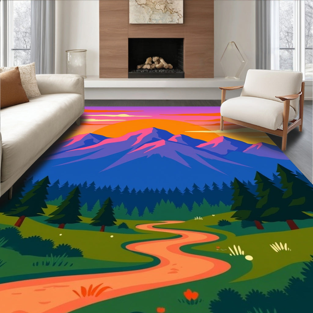 Vibrant Mountain Sunset Landscape Design Rug