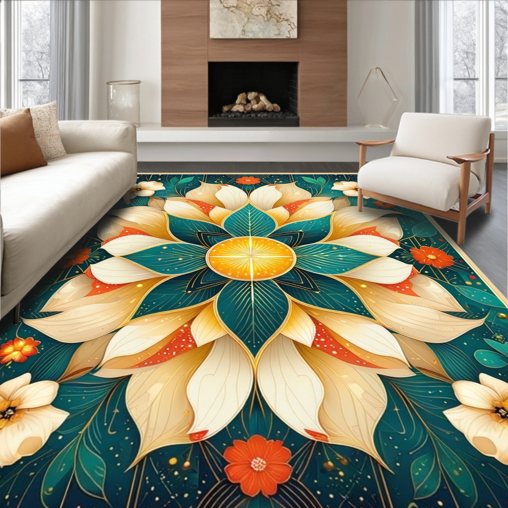Radiant Floral Mandala Jewel Tone Rug