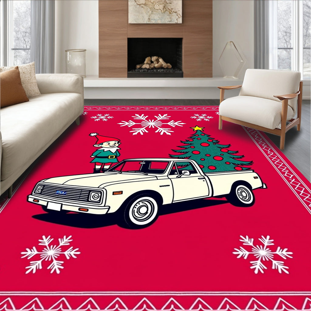 Christmas Elf with Truck Tree Snowflakes Rug