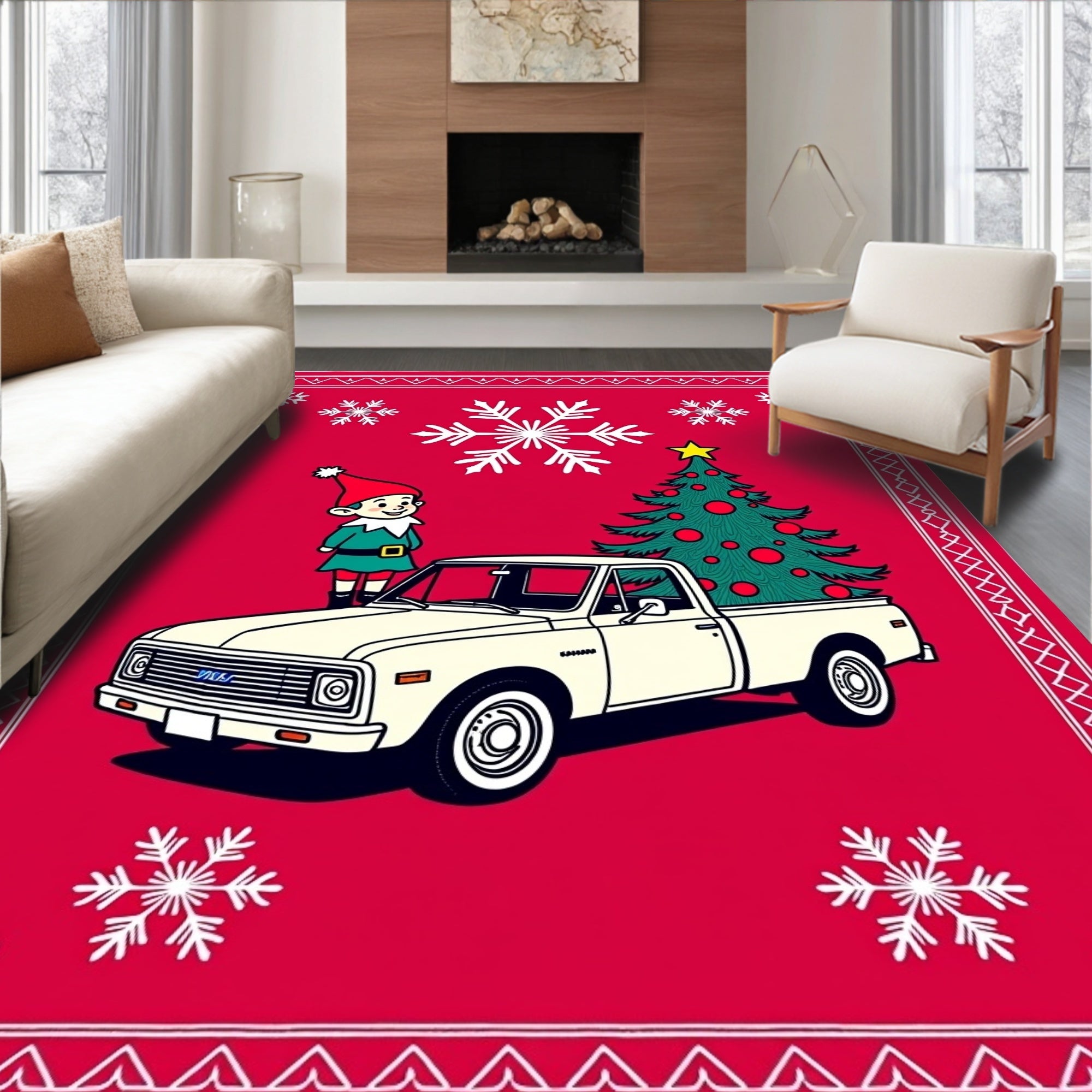 Christmas Elf with Truck Tree Snowflakes Rug