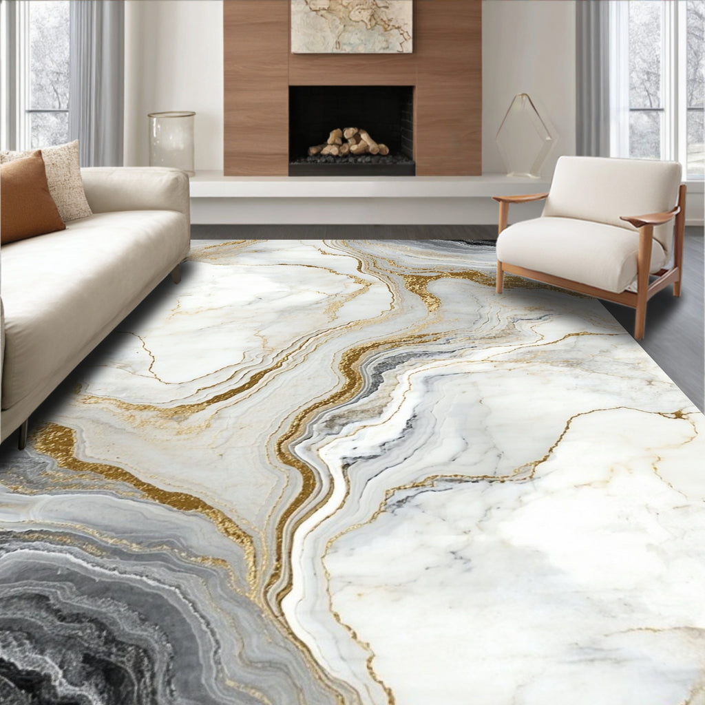 Elegant White Black Gold Veined Stone Rug