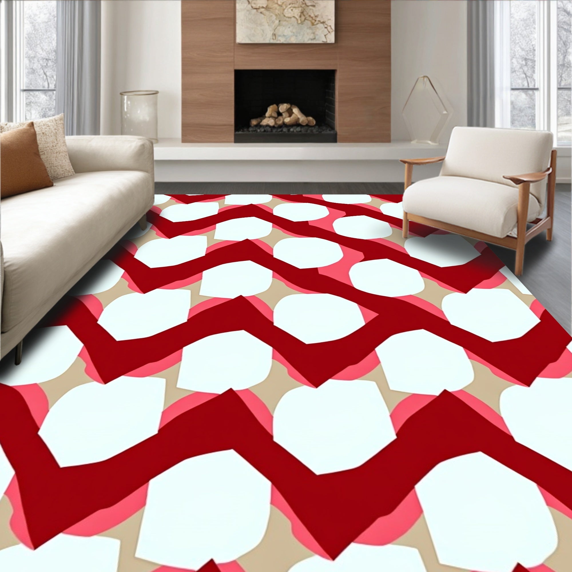 Crimson Red Zigzag Oval Arrangement Rug