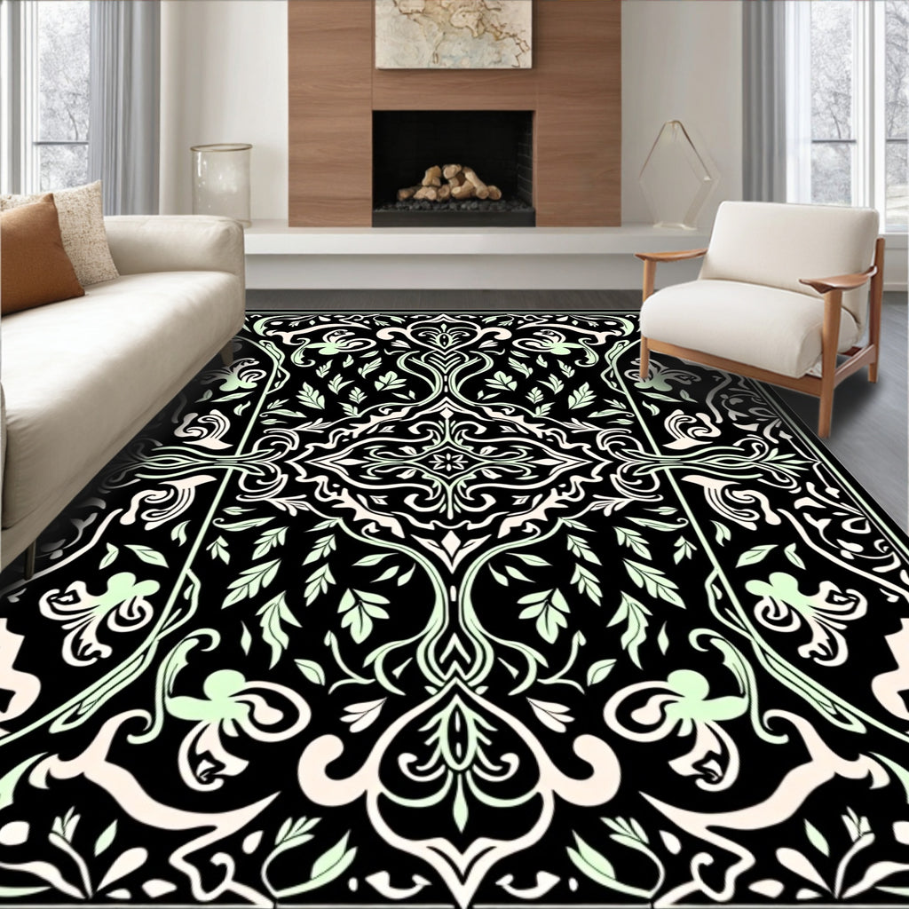 Black Light Green Floral Pattern Rug