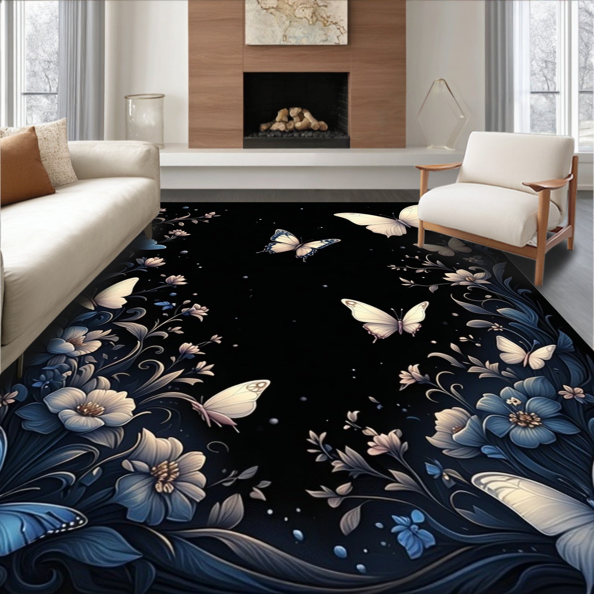 Midnight Floral Butterfly Garden Rug