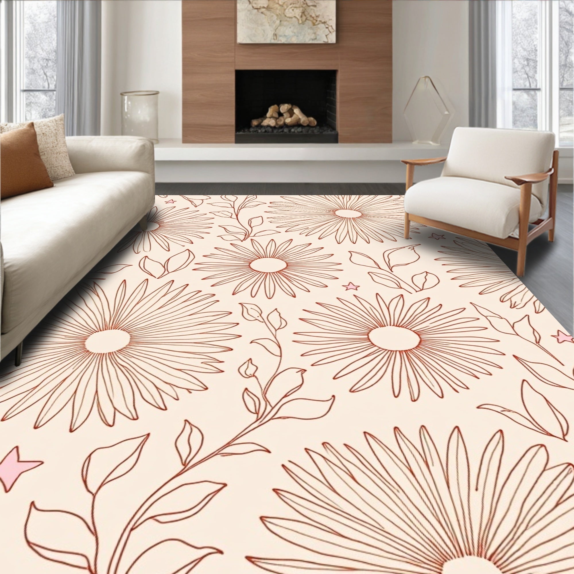 Charming Outline Floral And Star Pattern Rug