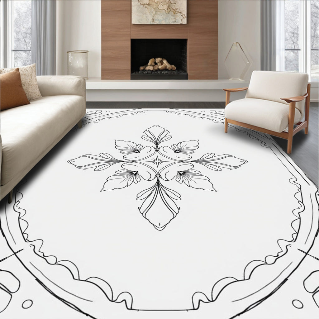 Ornate Floral Line Art Pattern Rug