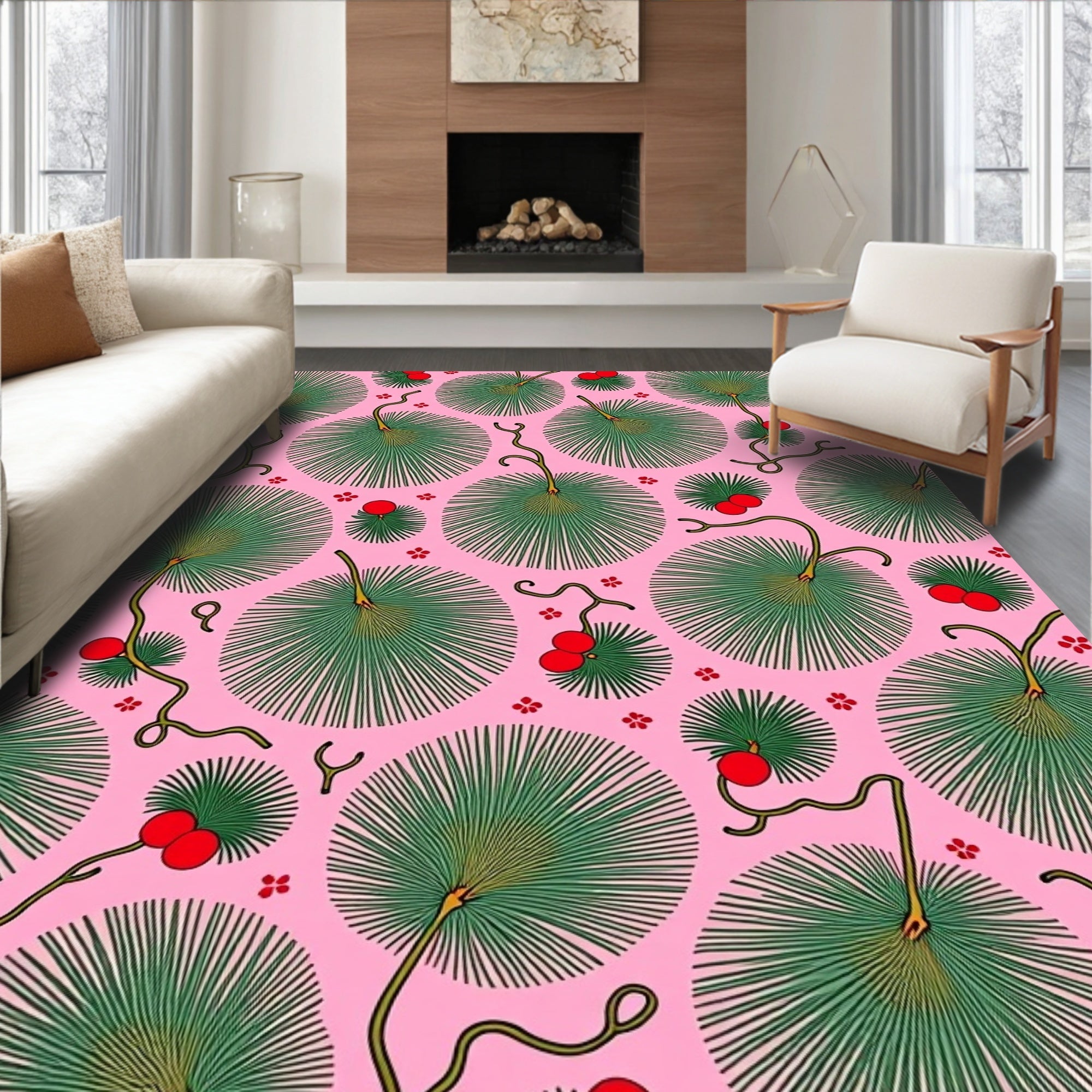 Pink Green Fan Berry Whimsical Nature Rug