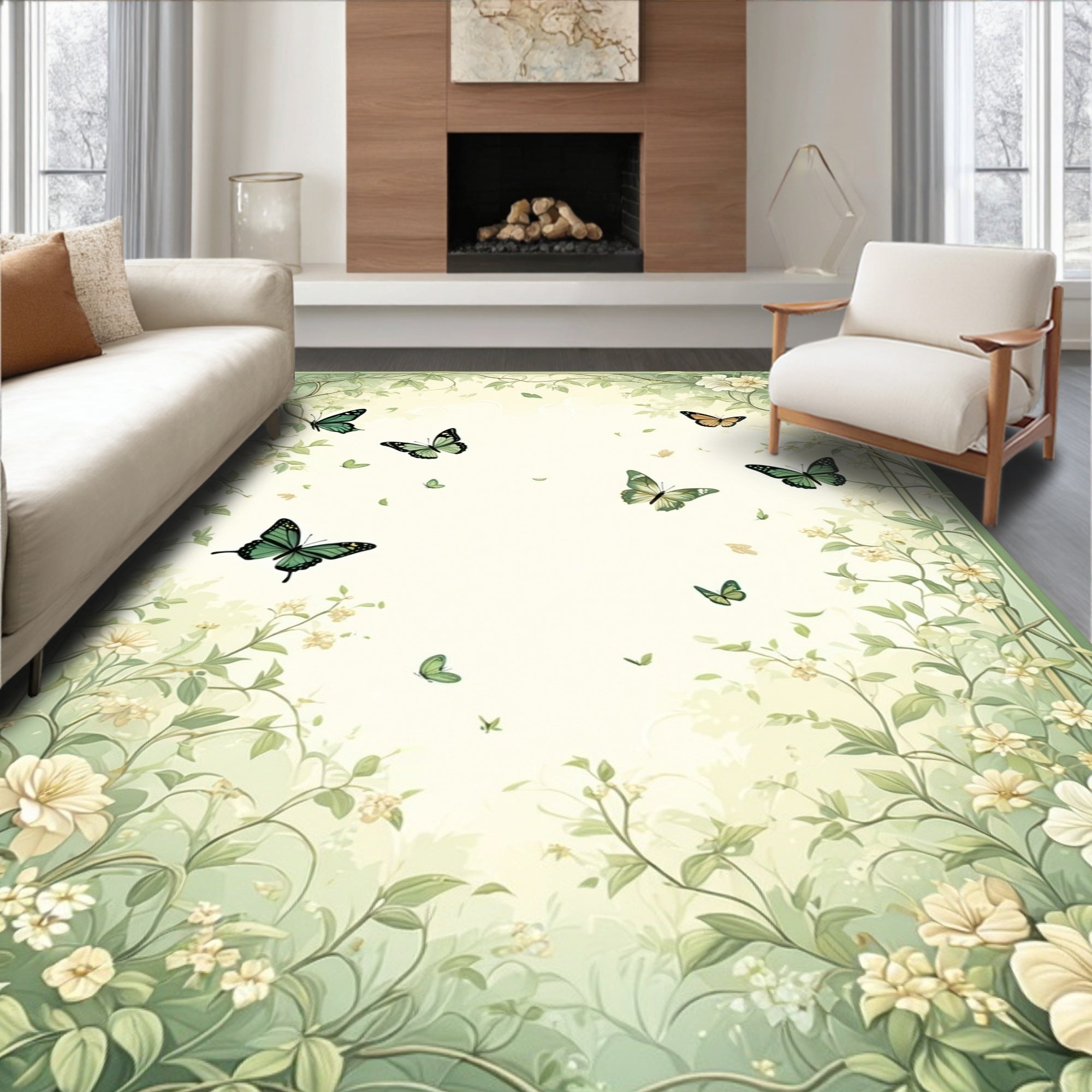 Whimsical Butterfly Floral Garden Design Rug