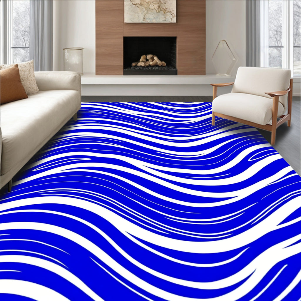 Bold Blue White Wave Pattern Rug