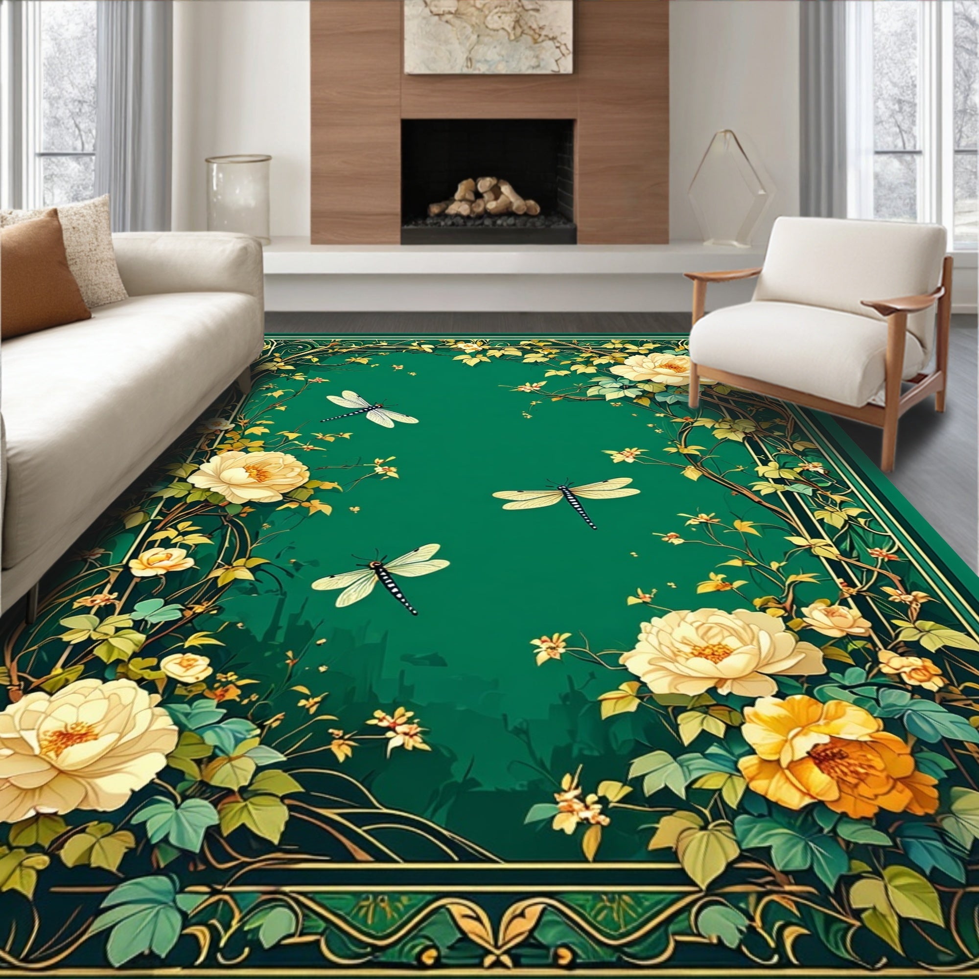 Green Floral Dragonflies Art Rug