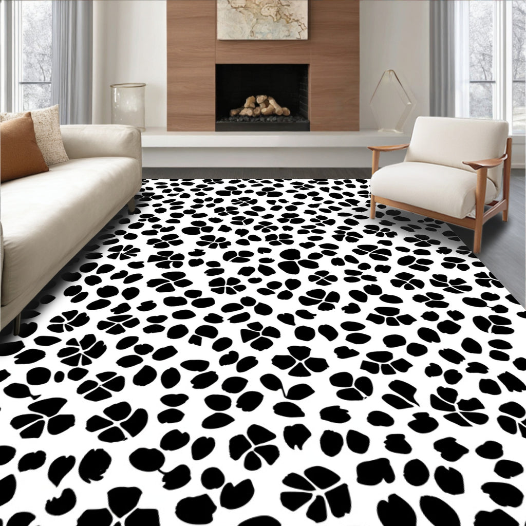Black White Scattered Floral Pattern Rug