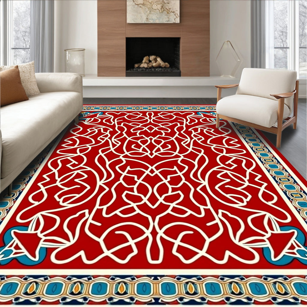 Crimson White Intertwined Floral Border Rug