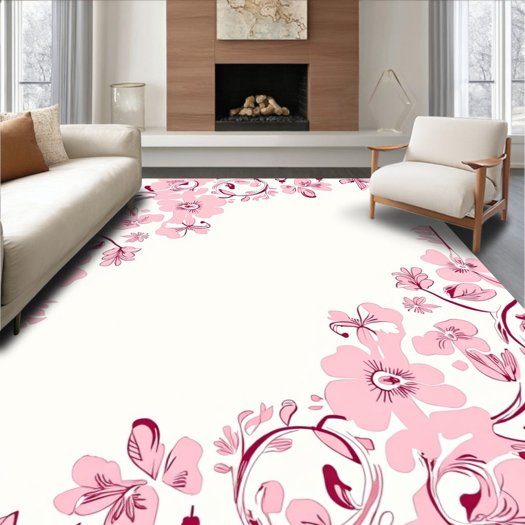 Whimsical Pink Floral Vine Pattern Rug